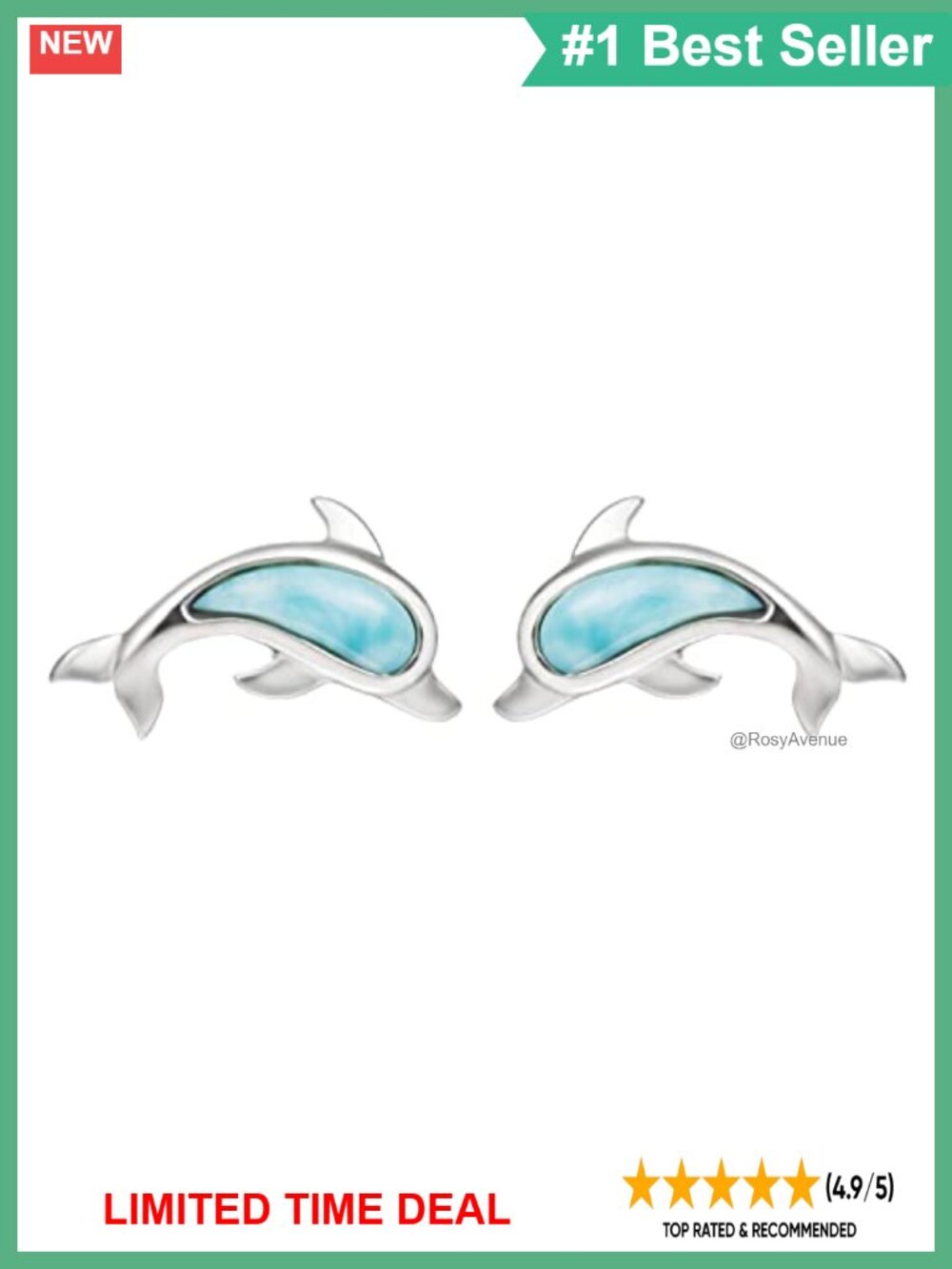 Sterling Silver 925 Natural Larimar Dolphin Stud Earrings Hypoallergenic